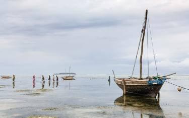 Dhows at low tide on Matemwe Beach in Zanzibar