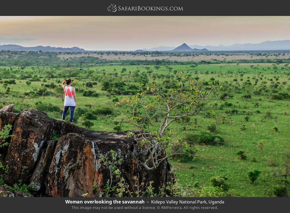 Woman overlooking the savannah in Kidepo Valley National Park, Uganda