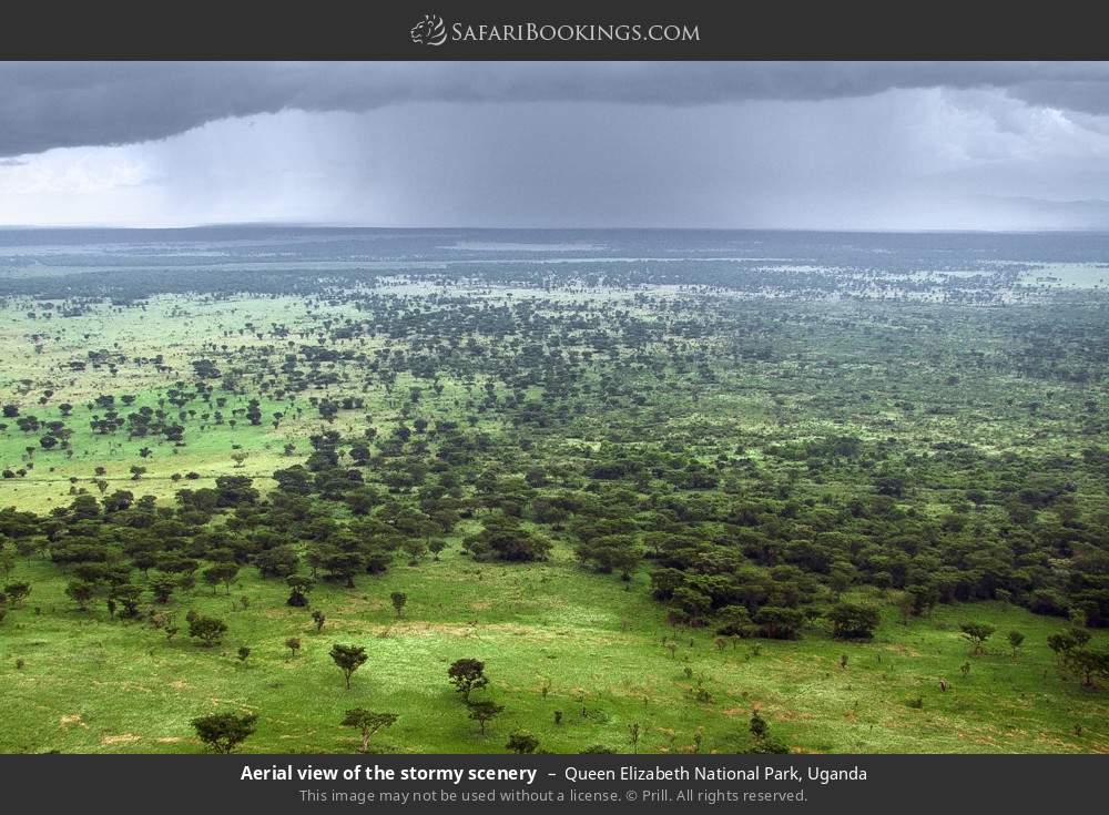 Aerial view of the stormy scenery in Queen Elizabeth National Park, Uganda