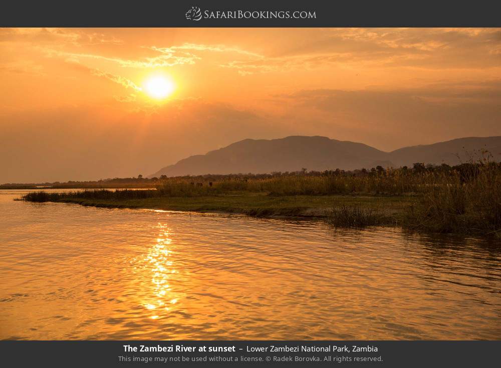 The Zambezi River at sunset in Lower Zambezi National Park, Zambia