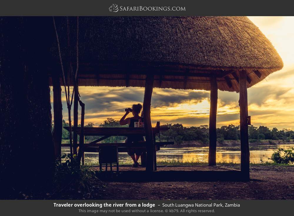 Traveler overlooking the river from a lodge in South Luangwa National Park, Zambia