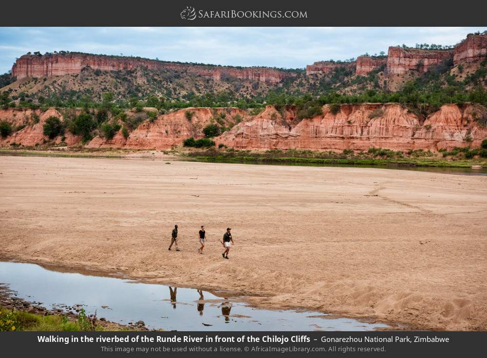 Walking in the riverbed of the Runde River in front of the Chilojo Cliffs in Gonarezhou National Park, Zimbabwe
