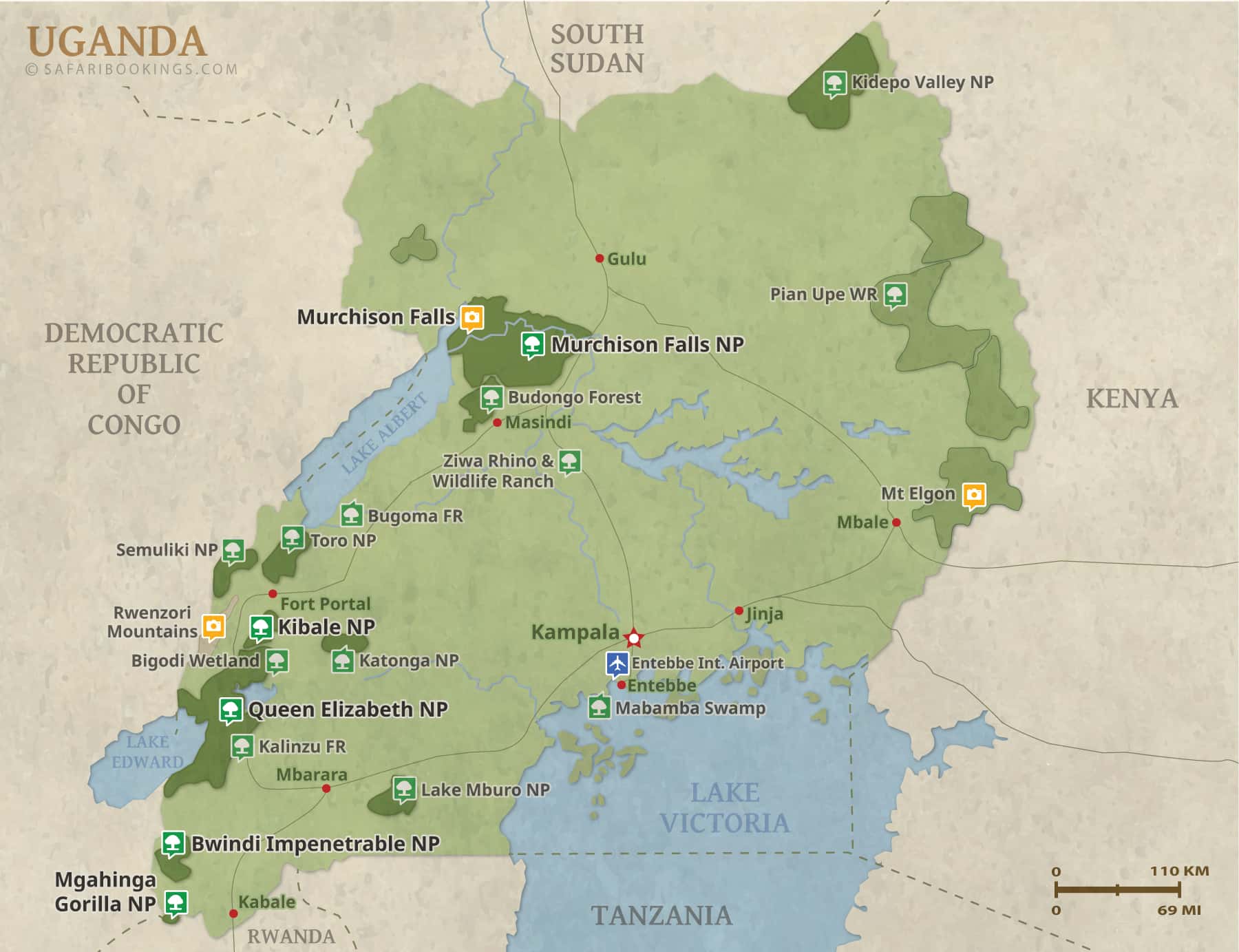 Full Uganda safari map showing national parks for planning the best time to visit Uganda