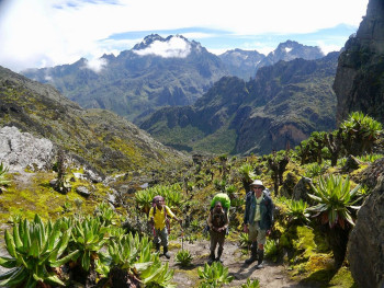 Enock expert guide with two partners in Rwenzori 